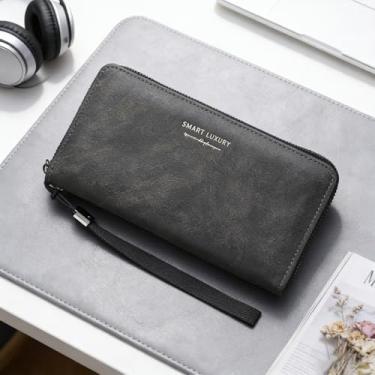 Imagem de Carteira universal simples preta longa magnética em relevo de couro macio de grande capacidade, design preto simples longo com fecho magnético, couro macio com padrão em relevo