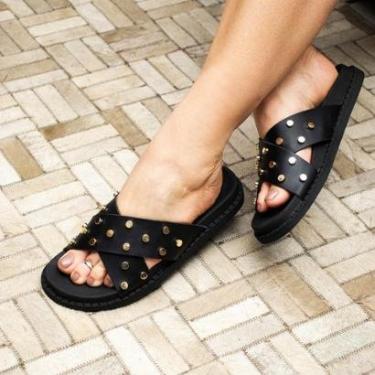 Imagem de Sandália Plataforma Feminina Papete Casual Flat Plataforma Enfeite Brilho Metálico Flatform-Feminino