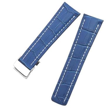 Imagem de Clouism Pulseira de relógio de couro genuíno com textura de bambu de 22 24 mm para fivela de fecho de implantação macia preta e azul (azul 2,24 mm)