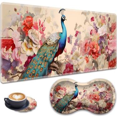 Imagem de Mouse pad grande para jogos + descanso de pulso + porta-copos de renda, conjunto antiderrapante, com bordas costuradas e tapete de mesa expansível à prova d'água, adequado para escritório/casa, pavão