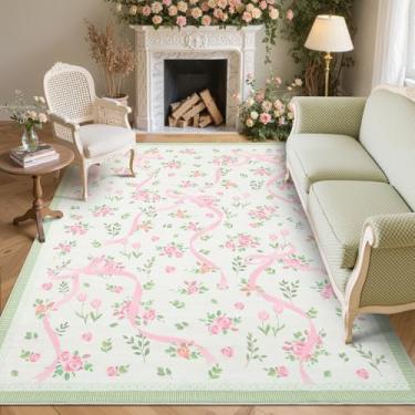 Imagem de GarveeHome Tapetes Coquette verdes para quarto de meninas, tapetes de área de 12 x 18 cm para sala de estar com pelo baixo macio, tapete lavável com laço floral antiderrapante, 12 x 18 cm, para