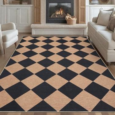 Imagem de GarveeHome Tapete quadriculado de juta fácil 25,5 x 30,5 cm, lavável na máquina, antiderrapante, resistente a manchas, ambientes internos e externos, para sala de estar, quarto, cozinha, jantar, pátio