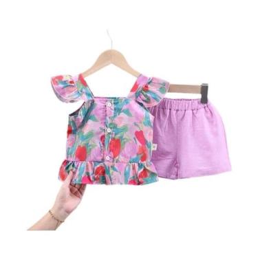 Imagem de Conjunto De Roupa De Verão Para Meninas Bebê Com Estampa Floral E Rend