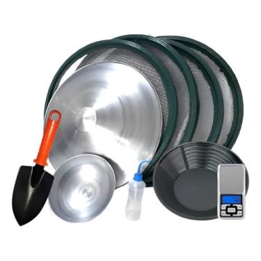 Imagem de Kit Garimpo Completo com Bateia Galvanizada 44cm, Cuia 20cm, 4 Peneiras 50cm, Sugador Ouro, Bateia Americana Verde, Mini Pá e Balança Precisão
