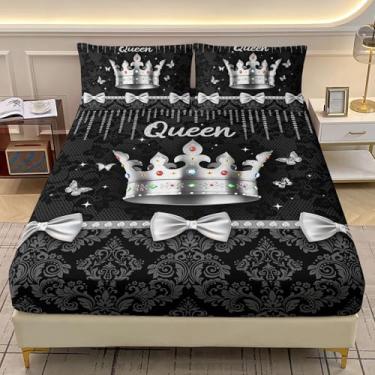 Imagem de AILONEN Jogo de lençol Queen preto damasco 3 peças, elegante coroa de prata, tamanho casal, para meninas e mulheres, lençol de cama glamoroso luxuoso diamante e laço com 2 fronhas