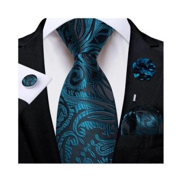 Imagem de Gravata Masculina Floral Paisley Rosa Com Lenço De Bolso, Abotoaduras 