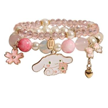 Imagem de Solighter Conjunto de pulseiras combinando anime desenho animado elástico contas de cristal rosa pulseira de pérolas para mulheres adoráveis joias da amizade, Large, Liga metálica, Sem Pedra Preciosa