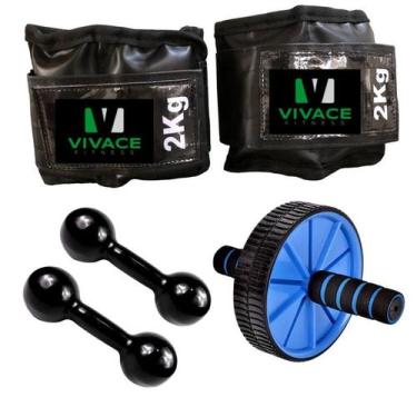 Imagem de Kit Com Caneleira de 2kg + Halteres de 1kg Par + Roda Abdominal Academ