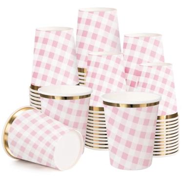 Imagem de WRAPAHOLIC 50 peças de copos de papel rosa quadriculado - copo descartável de folha dourada de 255 g e grade rosa, xícara de café, copos de bebida quente/fria para suco de água, perfeito para casa