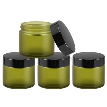 Imagem de Potes de 59 ml com tampas, embalagem com 4 frascos verdes foscos, recipientes de cosméticos vazios, potes redondos herméticos de vidro com forros internos e tampas pretas para armazenar loções, pós e