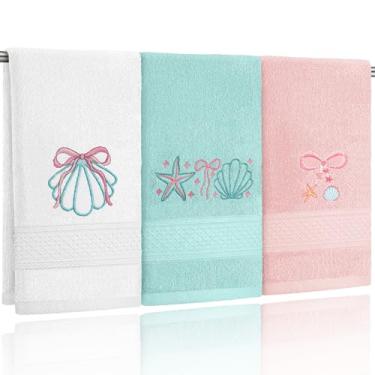 Imagem de Hahafelt Pacote com 3 toalhas de mão costeiras com laço de concha para banheiro 100% algodão bordadas toalhas de banho de praia 35 x 74 cm macias absorventes, verde rosa branco