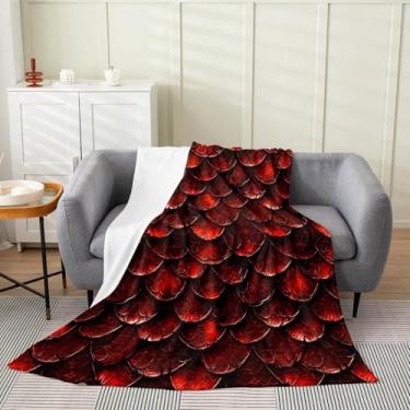 Imagem de Cobertor de lã misterioso de animais ocidentais, cobertor de dragão vermelho feroz para sofá adulto, cobertor macio de escamas de dragão para sofá, cama queen (224 x 224 cm)