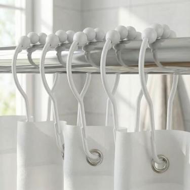 Imagem de Conjunto de 12 ganchos de cortina de chuveiro, ganchos de chuveiro deslizantes duplos de metal resistente à ferrugem com bolas de rolo lisas para varões de chuveiro e cortinas de banheiro, branco