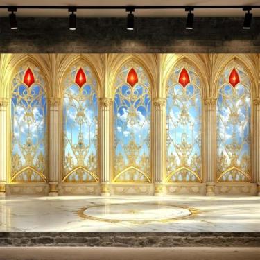 Imagem de Palácio dourado de 2,8 x 1,5 m, cenário fotográfico de palácio gótico, cenário de janela de castelo, cenário de conto de fadas, decorações de festa, banner, tapeçaria