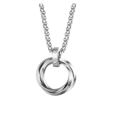 Imagem de Colar masculino com 3 anéis redondos com pingente de aço inoxidável para mulheres, acessórios de corrente de cor prata versáteis, Prateado, One Size