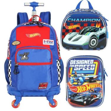 Imagem de Kit Mochila 4rodas Estojo Lancheira Bolsa Rodinha Hot Wheels - Luxcel,