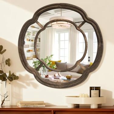 Imagem de Lzuso Espelho de parede irregular, espelho redondo ondulado para pendurar espelhos decorativos com moldura de madeira 50 cm para sala de estar corredor entrada decoração espelhos