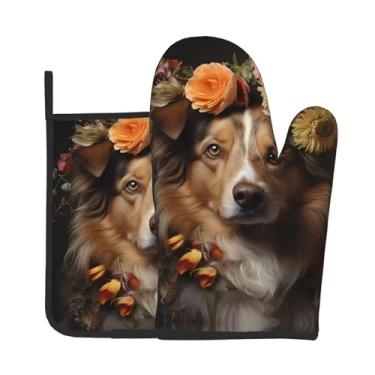Imagem de Conjunto de 2 peças de luvas de forno com estampa de cachorro com flores, adequado para cozinhar, assar e grelhar ao ar livre