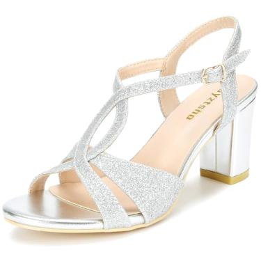 Imagem de syztsho Sandálias femininas de salto alto com glitter com tira no tornozelo, bico aberto, salto alto, brilhante, sapato social para festa de casamento, Prata, 38