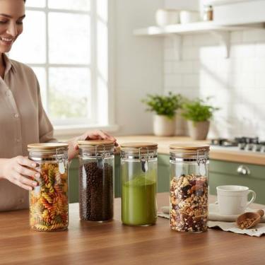 Imagem de Kit 4 potes vidro herméticos tampa bambu trava inox 1200ml - HOME COOK