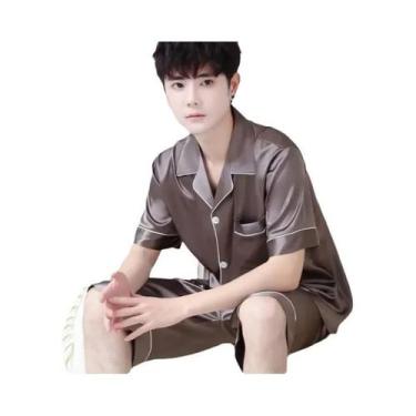 Imagem de Pijama Masculino De Verão Tamanho Grande Em Seda Gelada, Manga Curta, 