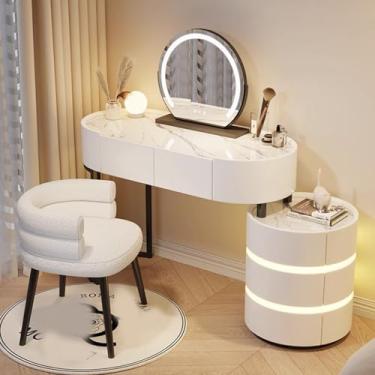 Imagem de Mesa pequena com espelho de LED ajustável e luzes, mesa de maquiagem com gavetas, conjunto completo para quarto, inclui cadeira e 3 modos de luz