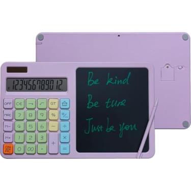 Imagem de Calculadora básica de mesa com botões grandes e energia dupla solar e bateria, tela de 12 dígitos, bloco de escrita LCD apagável de 19 cm para uso em escritório e casa, roxo