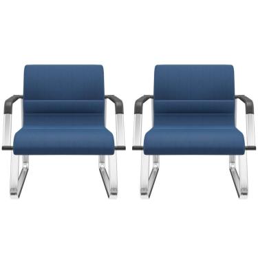 Imagem de Kit 02 Cadeiras De Escritório Recepção Fixa Pés Cromado Lev P03 Crepe Azul - Lyam Decor