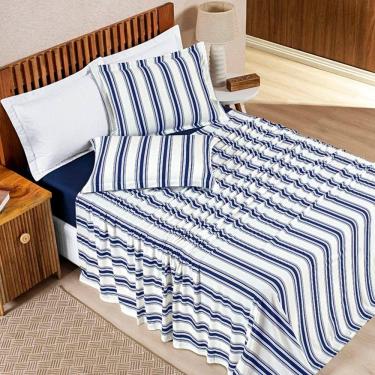 Imagem de Jogo De Lençol Casal Padrão Marin Malha 100% Algodão Estampado 4 Peças Cor Marinho Listra
