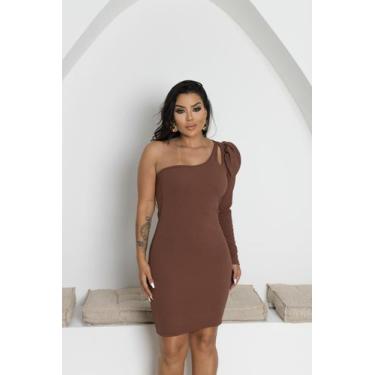 Imagem de Vestido Curto Manga Longa Princesa Um Ombro - luh may, Marrom, P