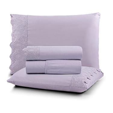 Imagem de Jogo De Lençol Nobre Casal 4 Peças Micropercal 200 Fios Bordado Inglês Fino - Bruma Lilás - 100% Poliéster