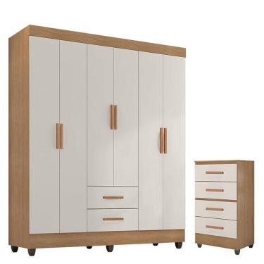 Imagem de Guarda Roupa Casal 6 Portas e Cômoda 4 Gavetas Lite Nature Off White - Móveis Leão