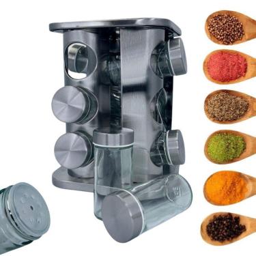 Imagem de Porta Tempero E Condimentos Giratório Inox 12 Potes De Vidro
