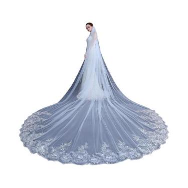 Imagem de Véu De Noiva Longo Branco Marfim Com Borda De Renda, Apliques De Lante