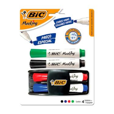 Imagem de Kit 4 Marcadores de Quadro Branco BIC Marking Cores Clássicas + 1 Apagador, Ponta Resistente, Apaga Fácil, 970929