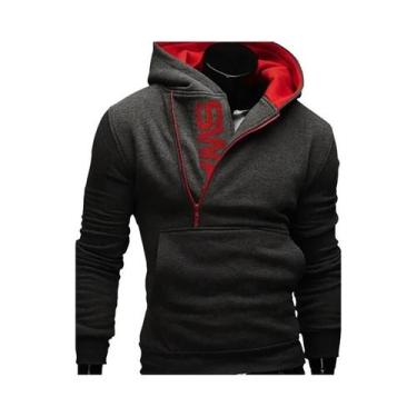 Imagem de Jaqueta Masculina Preta Com Capuz E Zíper, Manga Longa, Gola Alta, Est