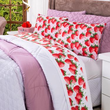 Imagem de Jogo De Cama Lençol King Morangos Branco Com Fronhas E Virol Estampados 04 Peças - Teci...