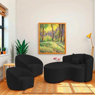 Imagem de Kit Recamier Curvo Sala De Estar Inglaterra 150cm Lado Esquerdo E 2 Poltronas Orgânica Luxo Amore Bouclé Preto