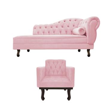 Imagem de Kit Diva Recamier Diana 120cm Lado Esquerdo E 1 Poltrona Classic Suede - Adj Decor Rosa Bebê
