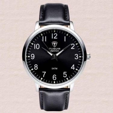 Imagem de Relógio Masculino Tuguir Clássico Social Couro Preto Analógico Quartz Caixa Prata 5ATM Resistente Água Elegante TC30489