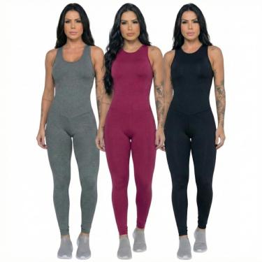 Imagem de KIT 3 Macacão Fitness Liso Serra e Mar Modas Sem Bojo Suplex Academia Treino Feminina Musculação-Feminino