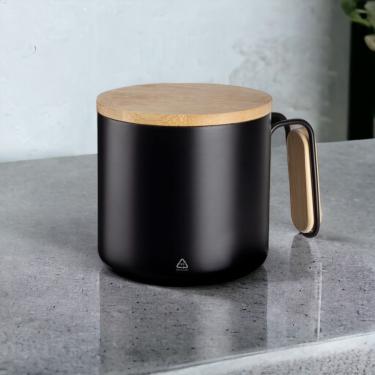 Imagem de Caneca Térmica em Aço Inox com Tampa e Cabo Revestido em Bambu Parede Dupla 380ML para...
