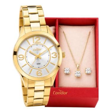 Imagem de Kit Relógio Condor Feminino Dourado Colar Brincos 5ATM 35mm Co2035Nldk