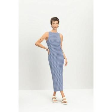 Imagem de Vestido feminino midi fio tinto Essendi -Azul médio, Azul médio, XG
