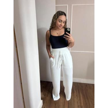 Imagem de Calça Pantalona, em Air Flow Duna, Branca, Elástico Cintura, Bolsos, F