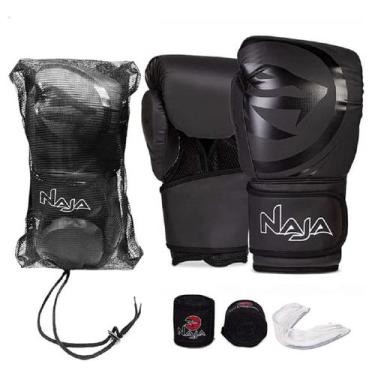 Imagem de Kit Luva de Boxe Muay Thai - Naja Mod. Black Line Preto + Bandagem + B