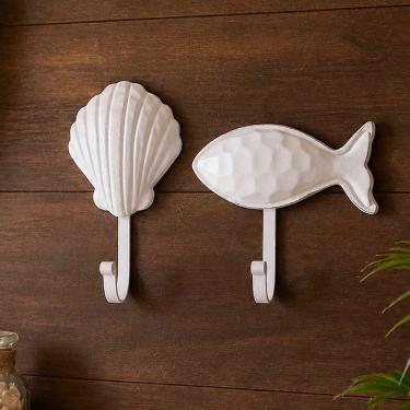 Imagem de Porta Toalha de Parede Decorativo Kit 2 Peças Cabideiro Madeira e Ferro Branco para Casa Praia