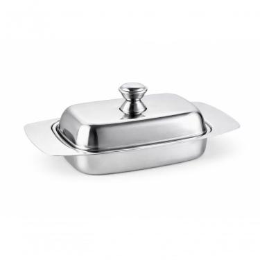 Imagem de Manteigueira com Tampa para Armazenar e Servir Manteiga em Aço Inox com Pegador Ergonômico para Mesa Posta Prata