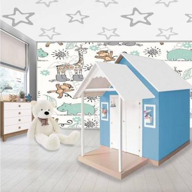 Imagem de Casinha de Brinquedo MDF L12 com Telhado Branco-azul Estrutura Resistente Criança Feliz