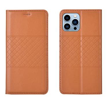 Imagem de LAHappyL Capa carteira flip para iPhone 13 Pro Max/13 Pro/13/13 Mini capa protetora de couro legítimo com função de suporte para cartões, absorção magnética oculta, laranja, 13 Pro Max 6,7 polegadas